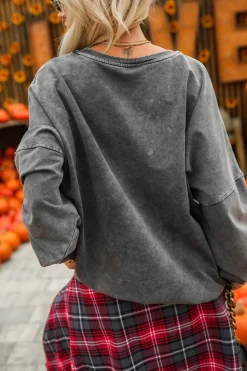 BLUZA BAWEŁNIANA DEKATYZOWANA Z OZDOBNYM KWIATEM GRAFITOWA