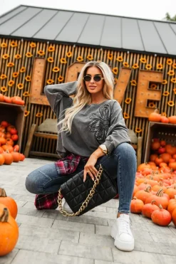 BLUZA BAWEŁNIANA DEKATYZOWANA Z OZDOBNYM KWIATEM GRAFITOWA