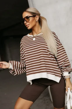 BLUZA BAWEŁNIANA MERRY OVERSIZE ASYMETRYCZNA Z ROZCIĘCIAMI PO BOKACH W PASKI BRĄZOWO-BEŻOWE