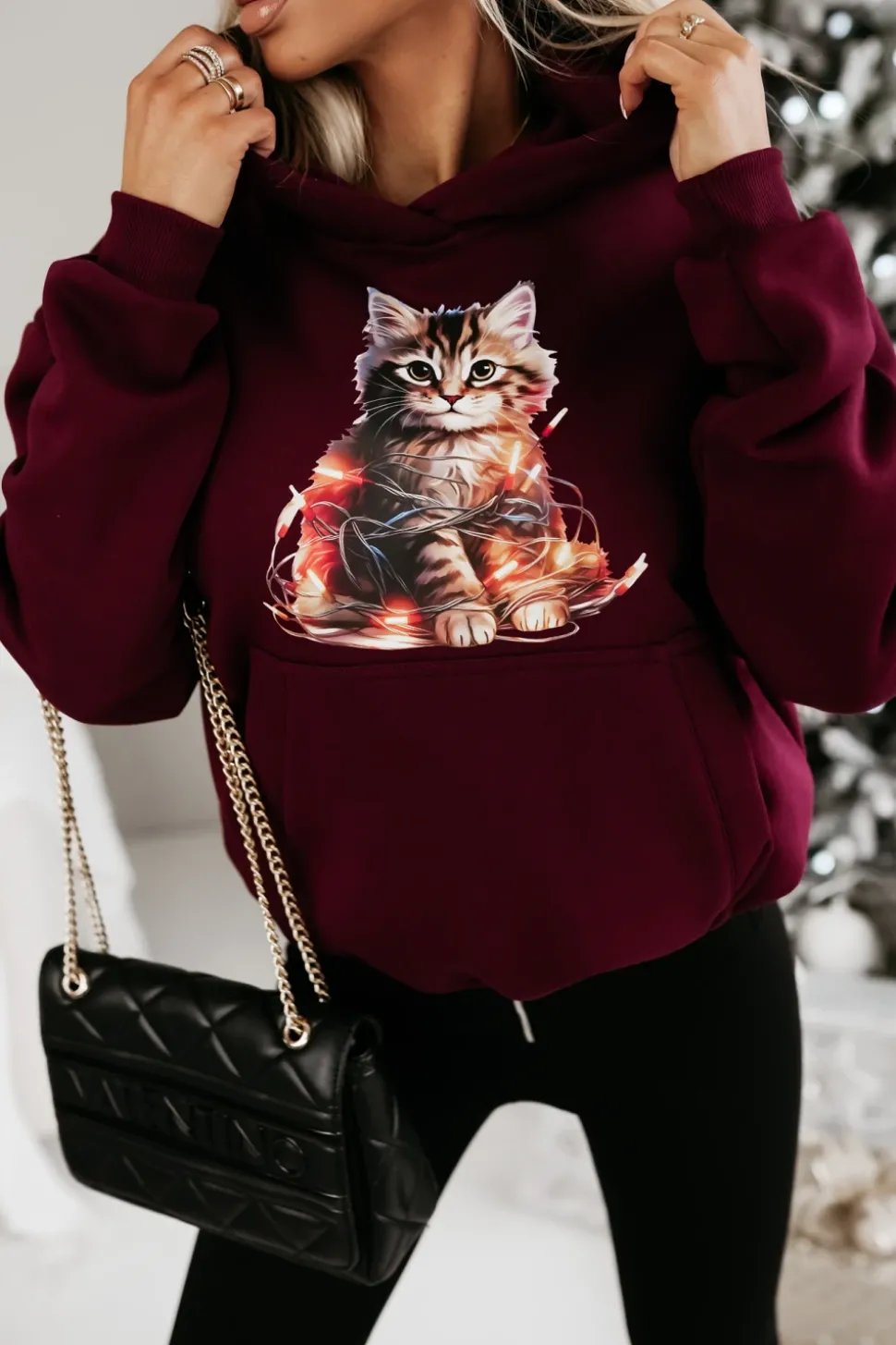 BLUZA BAWEŁNIANA OCIEPLANA Z KOTKIEM BURGUNDOWA