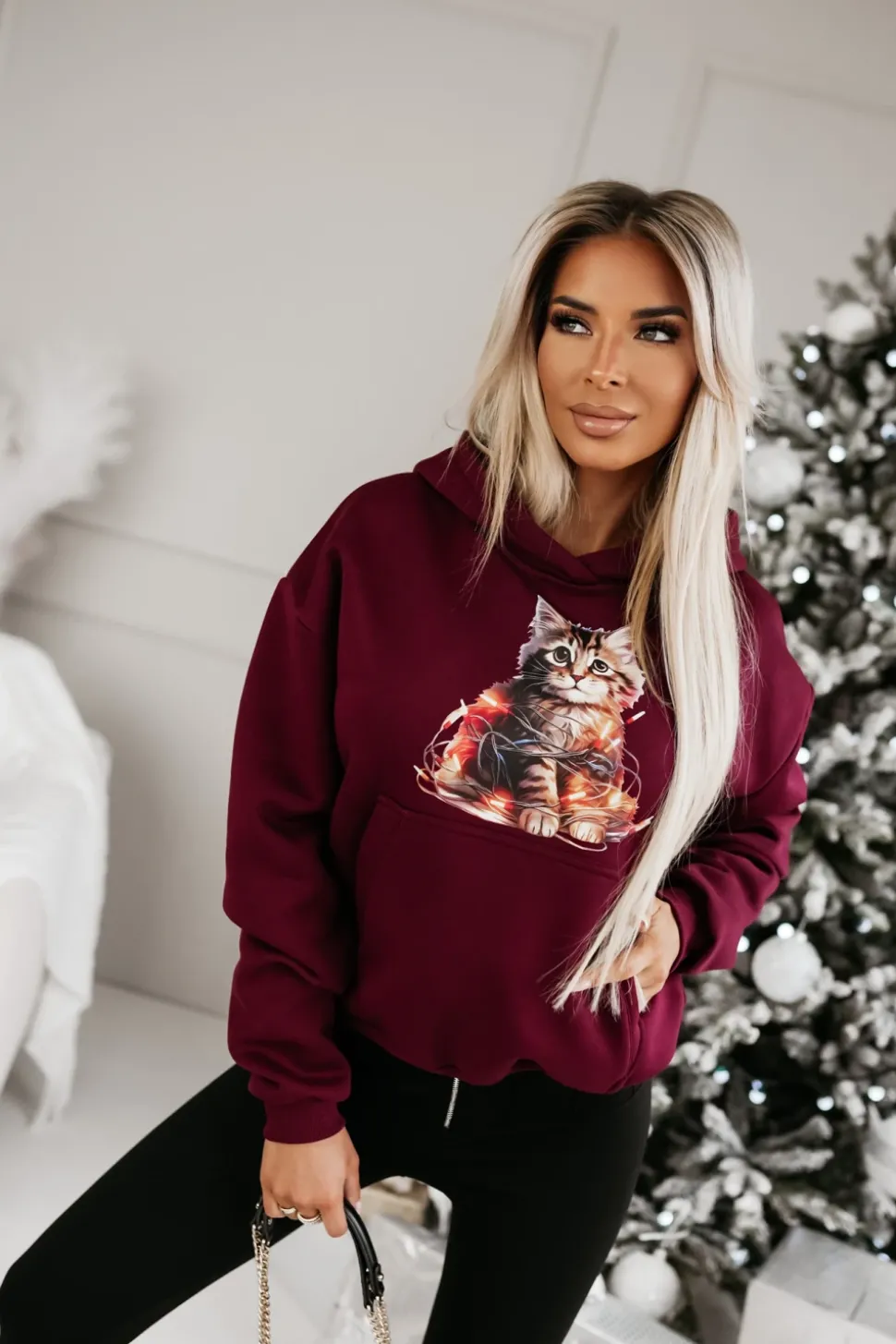 BLUZA BAWEŁNIANA OCIEPLANA Z KOTKIEM BURGUNDOWA