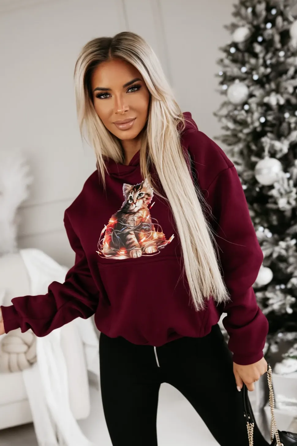 BLUZA BAWEŁNIANA OCIEPLANA Z KOTKIEM BURGUNDOWA