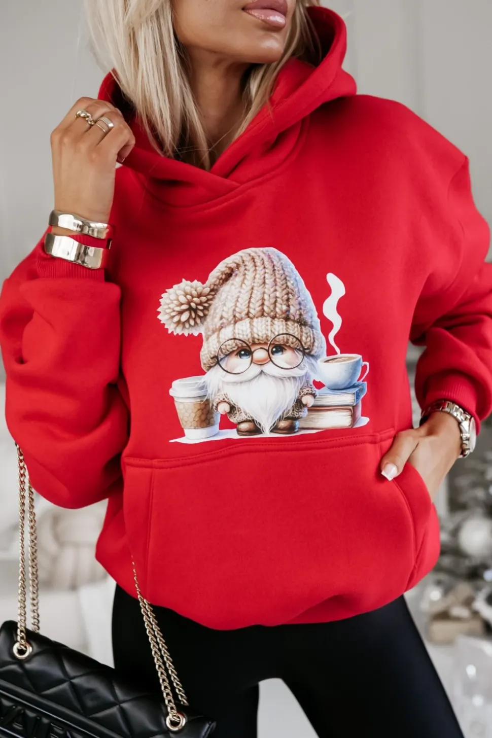 BLUZA BAWEŁNIANA OCIEPLANA Z MIKOŁAJEM CZERWONA