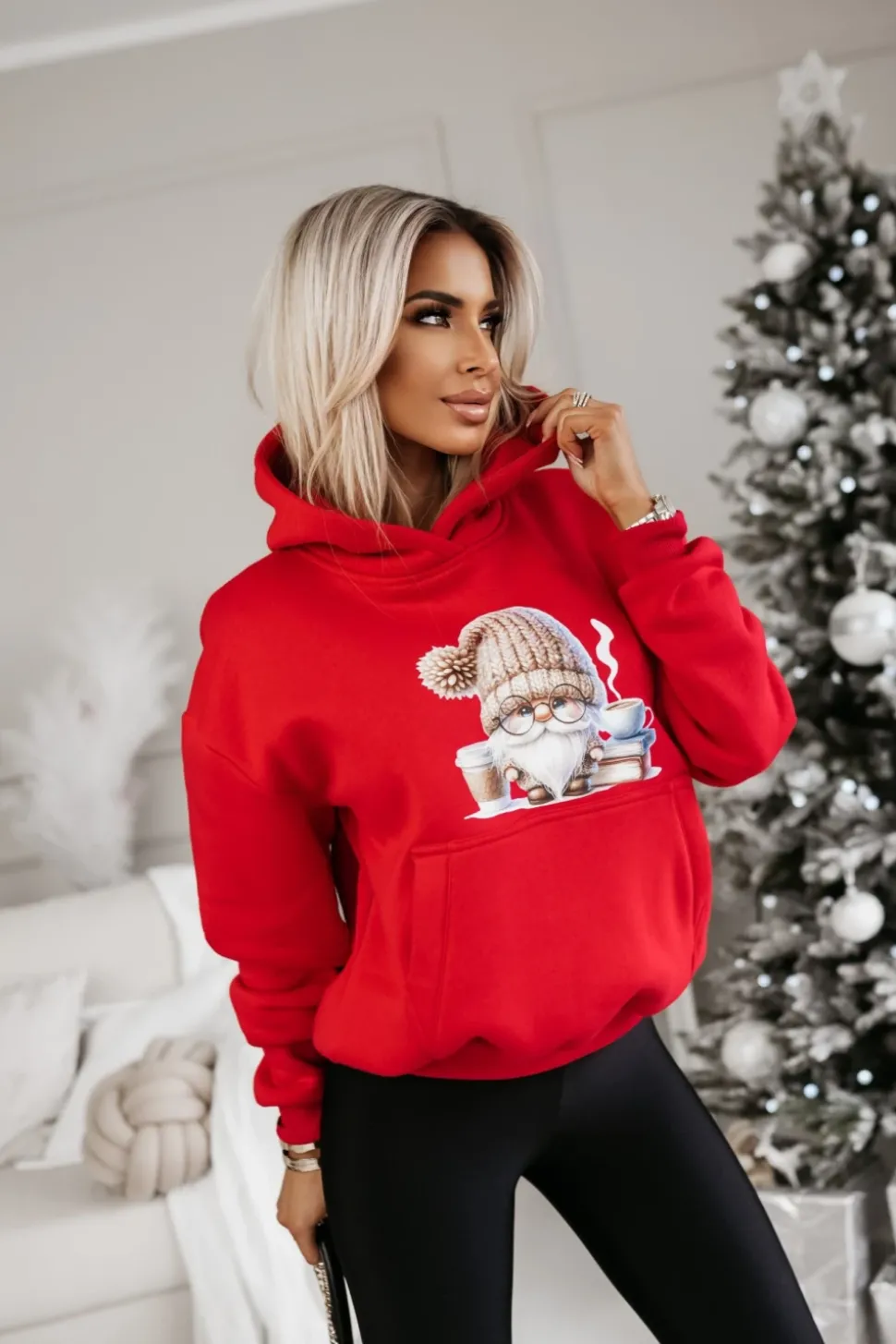 BLUZA BAWEŁNIANA OCIEPLANA Z MIKOŁAJEM CZERWONA