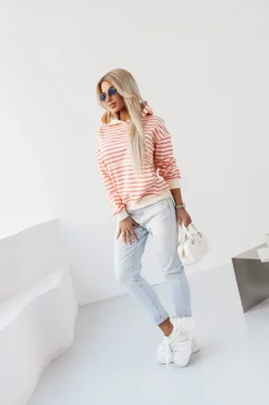 BLUZA BAWEŁNIANA RAPLH Z KAPTUREM W PASKI ECRU-MORELOWE