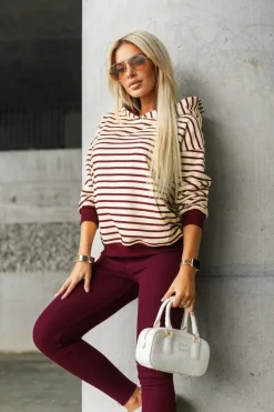 BLUZA BAWEŁNIANA RAPLH Z KAPTUREM W PASKI BURGUNDOWO-BEŻOWE