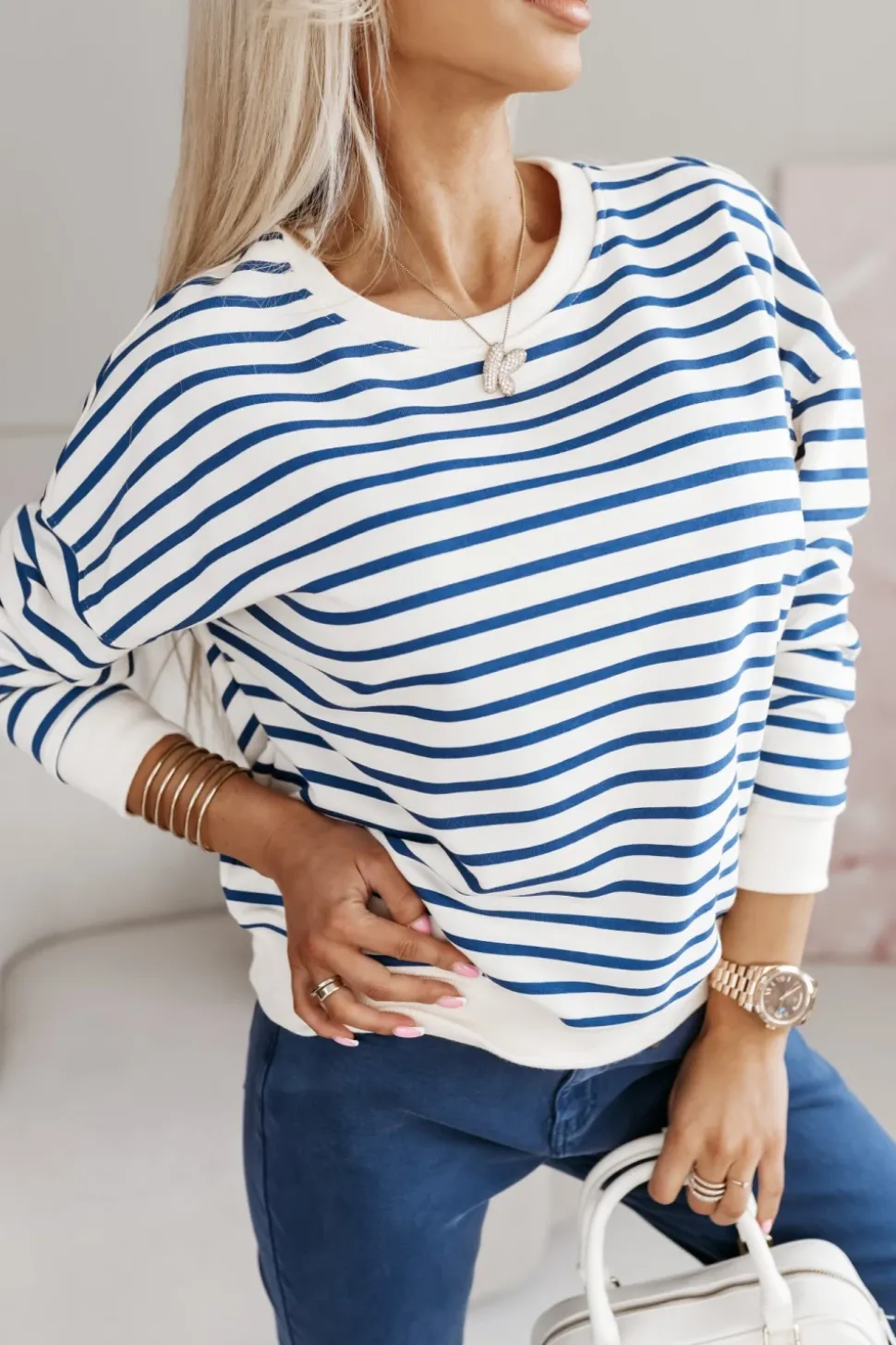 BLUZA BAWEŁNIANA TIAMO WYKOŃCZONA ŚCIĄGACZEM W PASKI ECRU-GRANATOWE