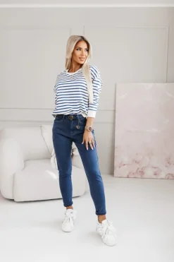 BLUZA BAWEŁNIANA TIAMO WYKOŃCZONA ŚCIĄGACZEM W PASKI ECRU-GRANATOWE