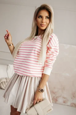 BLUZA BAWEŁNIANA TIAMO WYKOŃCZONA ŚCIĄGACZEM W PASKI ECRU-MORELOWE