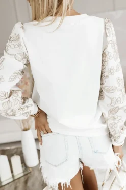 BLUZA BAWEŁNIANA VERONICA Z OZDOBNYMI RĘKAWAMI Z BROSZKĄ W KOMPLECIE ECRU