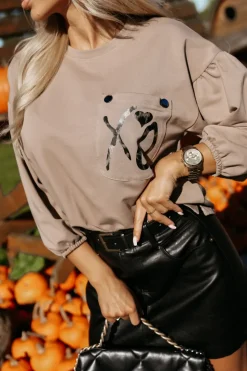 BLUZA BAWEŁNIANA Z BUFIASTYMI RĘKAWAMI Z KIESZONKĄ XO BEŻOWA