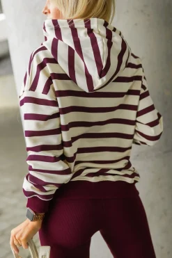 BLUZA BAWEŁNIANA Z KAPTUREM W PASY BURGUNDOWO-BEŻOWE