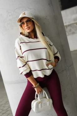 BLUZA BAWEŁNIANA Z KAPTUREM W PASKI BEŻOWO-BURGUNDOWE