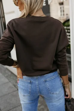 BLUZA BAWEŁNIANA Z OKRĄGŁYM DEKOLTEM Z NAPISEM STAYHERE BRĄZOWA