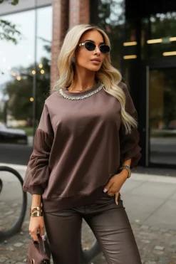 BLUZA BAWEŁNIANA Z OZDOBNYMI CYRKONIAMI Z SIATECZKOWYMI RĘKAWAMI CZEKOLADOWA