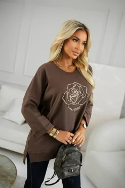 BLUZA BAWEŁNIANA Z WYSZYWANĄ RÓŻĄ CZEKOLADOWA