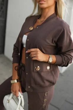 BLUZA BOMBERKA BAWEŁNIANA BASIC Z OZDOBNYMI GUZIKAMI CZEKOLADOWA