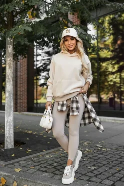 BLUZA DRESOWA BAWEŁNIANA KANGURKA Z KAPTUREM BEŻOWA