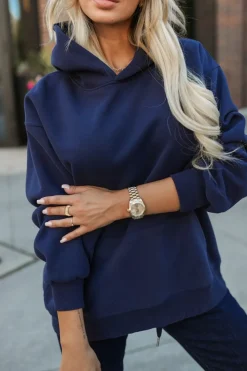 BLUZA DRESOWA BAWEŁNIANA KANGURKA Z KAPTUREM GRANATOWA