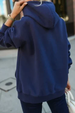 BLUZA DRESOWA BAWEŁNIANA KANGURKA Z KAPTUREM GRANATOWA