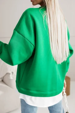 BLUZA DRESOWA BAWEŁNIANA OCIEPLANA Z KOSZULOWĄ WSTAWKĄ ZIELONA