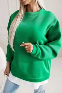 BLUZA DRESOWA BAWEŁNIANA OCIEPLANA Z KOSZULOWĄ WSTAWKĄ ZIELONA