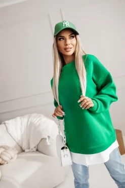 BLUZA DRESOWA BAWEŁNIANA OCIEPLANA Z KOSZULOWĄ WSTAWKĄ ZIELONA