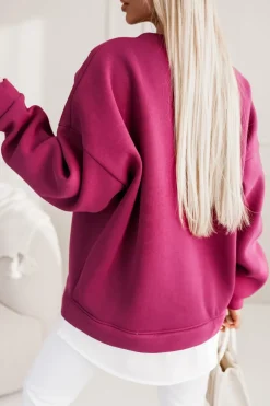 BLUZA DRESOWA BAWEŁNIANA OCIEPLANA Z KOSZULOWĄ WSTAWKĄ JAGODOWA