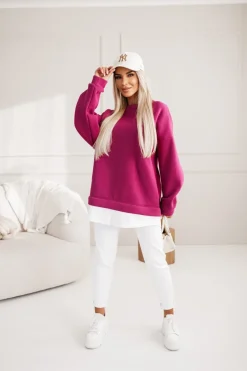 BLUZA DRESOWA BAWEŁNIANA OCIEPLANA Z KOSZULOWĄ WSTAWKĄ JAGODOWA