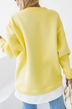 BLUZA DRESOWA BAWEŁNIANA OCIEPLANA Z KOSZULOWĄ WSTAWKĄ ŻÓŁTA