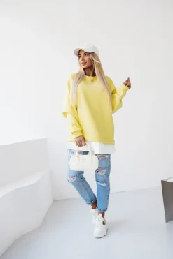 BLUZA DRESOWA BAWEŁNIANA OCIEPLANA Z KOSZULOWĄ WSTAWKĄ ŻÓŁTA