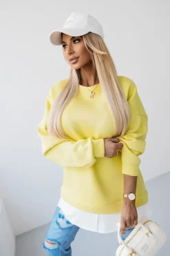 BLUZA DRESOWA BAWEŁNIANA OCIEPLANA Z KOSZULOWĄ WSTAWKĄ ŻÓŁTA