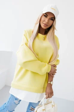 BLUZA DRESOWA BAWEŁNIANA OCIEPLANA Z KOSZULOWĄ WSTAWKĄ ŻÓŁTA