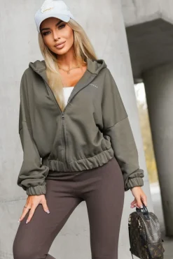 BLUZA DRESOWA BAWEŁNIANA Z KAPTUREM Z MINIMALISTYCZNYM NAPISEM KHAKI