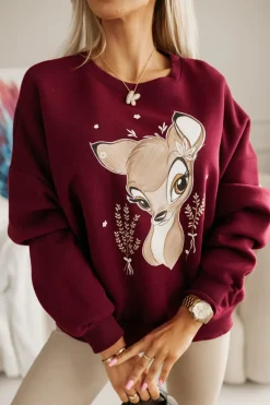 BLUZA DRESOWA OCIEPLANA TIGER Z NADRUKIEM BAMBI BURGUNDOWA