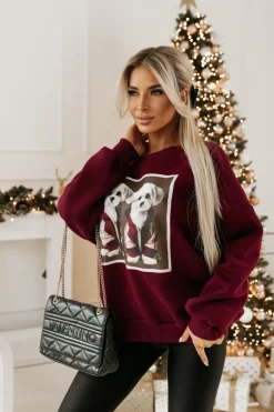 BLUZA DRESOWA OCIEPLANA TIGER Z NADRUKIEM PIESKI BURGUNDOWA