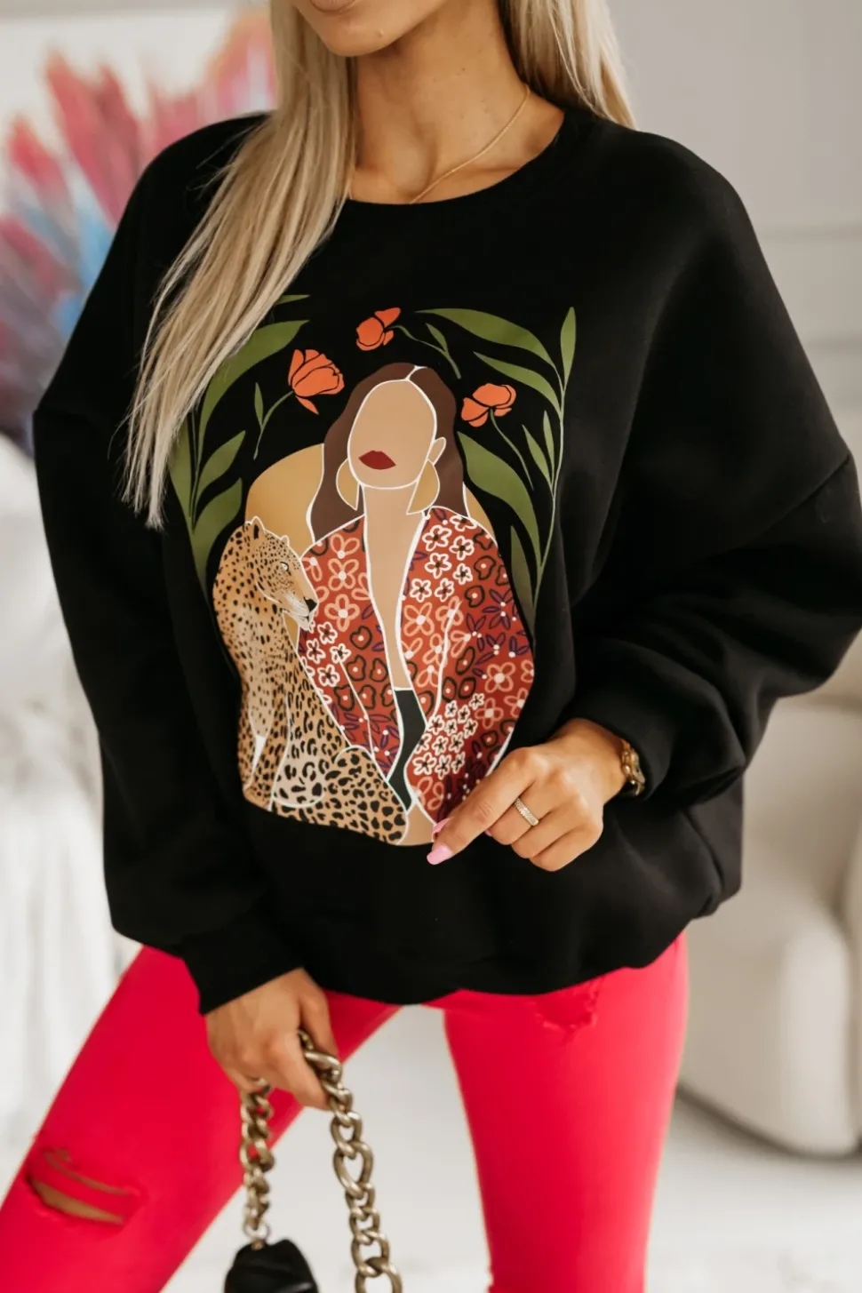 BLUZA DRESOWA OCIEPLANA TIGER Z NADRUKIEM CZARNA