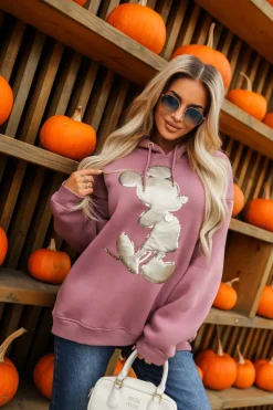 BLUZA DRESOWA OCIEPLANA Z KAPTUREM ZE ZŁOTĄ APLIKACJĄ MICKY BRUDNY RÓŻ