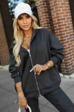 BLUZA DRESOWA SMILE ZAPINANA NA SUWAK Z KAPTUREM GRAFITOWA