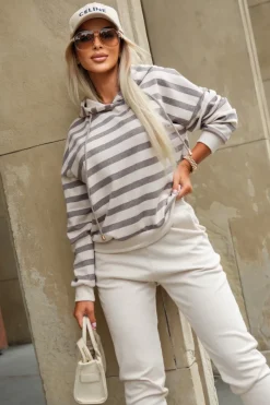 BLUZA DZIANINOWA CHICAGO Z KAPTUREM W PASKI BEŻOWO-BRĄZOWE