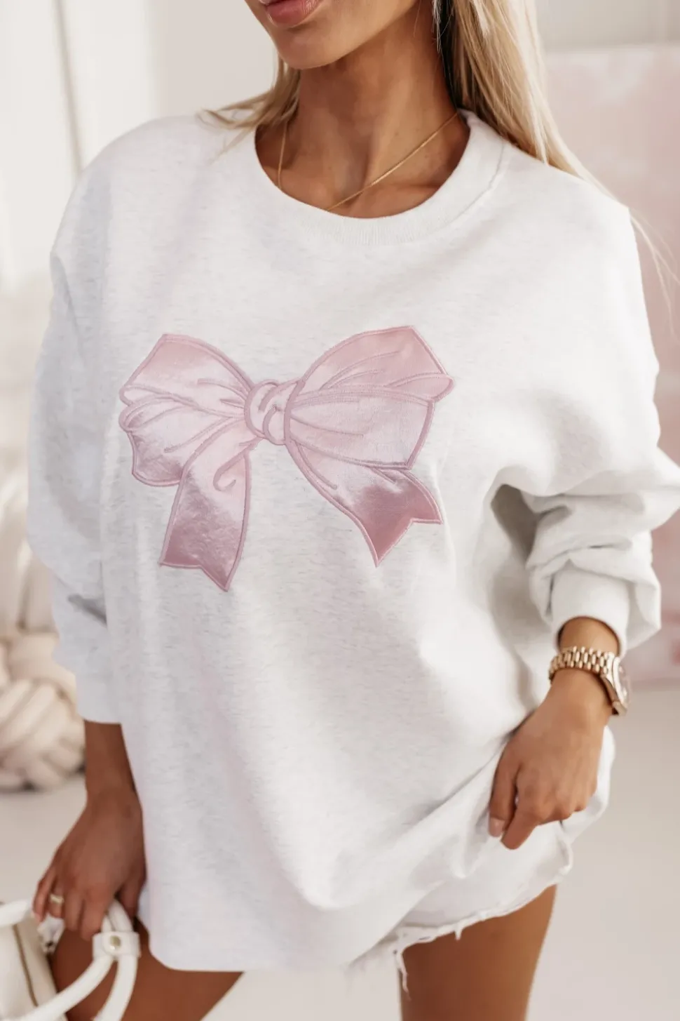 BLUZA SUNNY Z RÓŻOWĄ KOKARDĄ SZARA