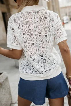 BLUZKA AŻUROWA BAWEŁNIANA Z KOŁNIERZYKIEM ECRU