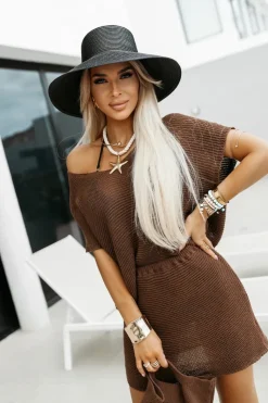 BLUZKA AŻUROWA VICTORIA BOHO Z DEKOLTEM W SEREK BRĄZOWA