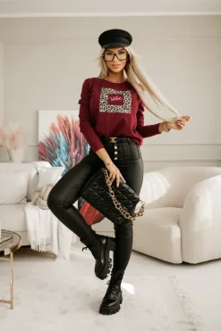 BLUZKA BASIC LONG Z PANTERKOWYM NADRUKIEM VIBE BURGUNDOWA