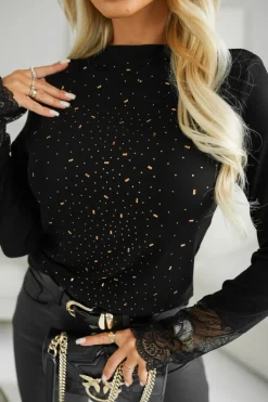 BLUZKA BAWEŁNIANA ALICE ZDOBIONA KORONKĄ I CYRKONIAMI CZARNA