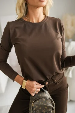 BLUZKA BAWEŁNIANA BASIC Z DŁUGIM RĘKAWEM Z OKRĄGŁYM DEKOLTEM CZEKOLADOWA