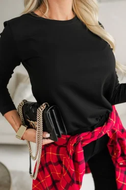 BLUZKA BAWEŁNIANA BASIC Z DŁUGIM RĘKAWEM Z OKRĄGŁYM DEKOLTEM CZARNA