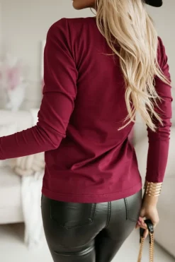 BLUZKA BAWEŁNIANA BASIC Z DŁUGIM RĘKAWEM V DEKOLT BURDGUNOWA