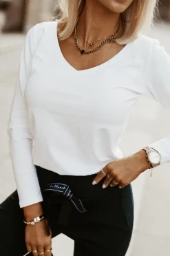 BLUZKA BAWEŁNIANA BASIC Z DŁUGIM RĘKAWEM V DEKOLT BIAŁA