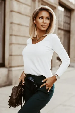 BLUZKA BAWEŁNIANA BASIC Z DŁUGIM RĘKAWEM V DEKOLT BIAŁA